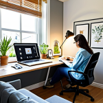 **

"A cozy and productive home office setup. A fully clothed woman is working at a clean desk with a laptop, ergonomic chair, and adjustable desk lamp. The office is decorated with indoor plants, a motivational gallery wall, and organized cable management. Sunlight streams in from a nearby window. Safe for work, appropriate content, professional, fully clothed, perfect anatomy, natural proportions, family-friendly."

**